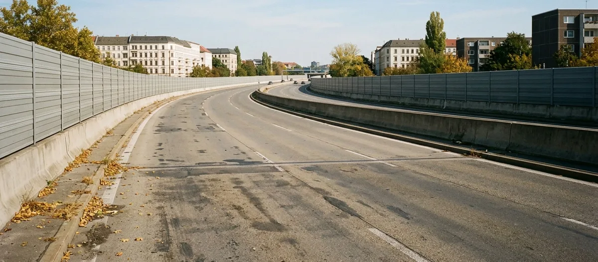 Stadtautobahn zwischen Lärmschutzwänden, Herbstlaub am Fahrbahnrand