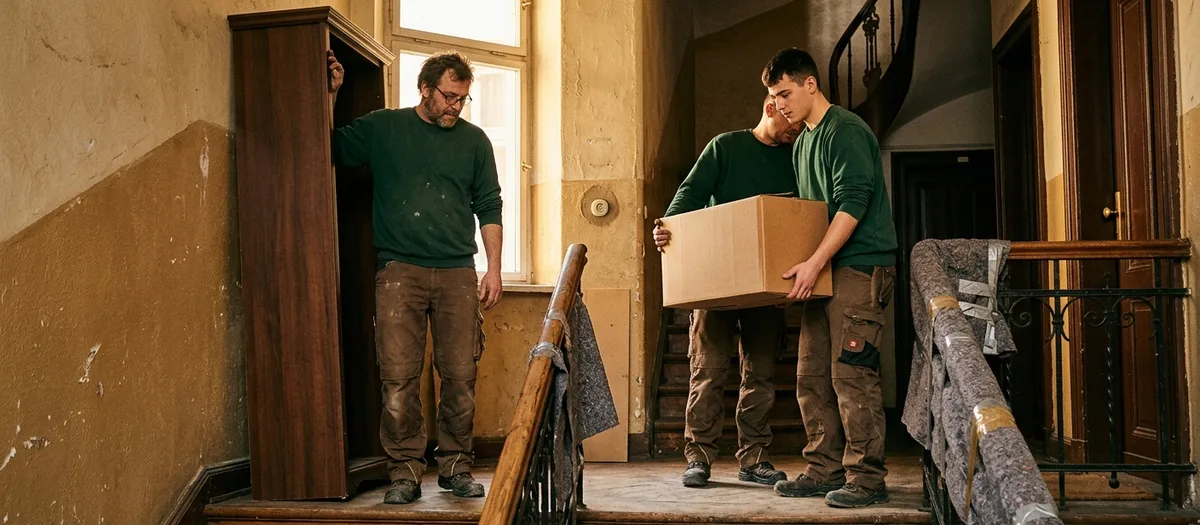 Drei Träger im Altbautreppenhaus, einer hält einen Schrank, zwei tragen einen Karton