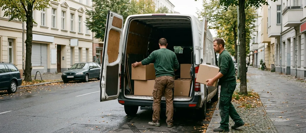 Zwei Träger beladen den offenen Heckraum eines Transporters