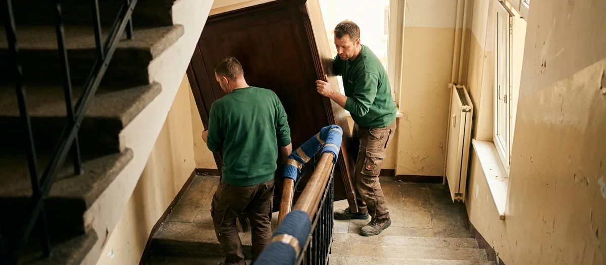Zwei Träger bringen einen Schrank die Treppe hinunter, der Handlauf ist abgepolstert