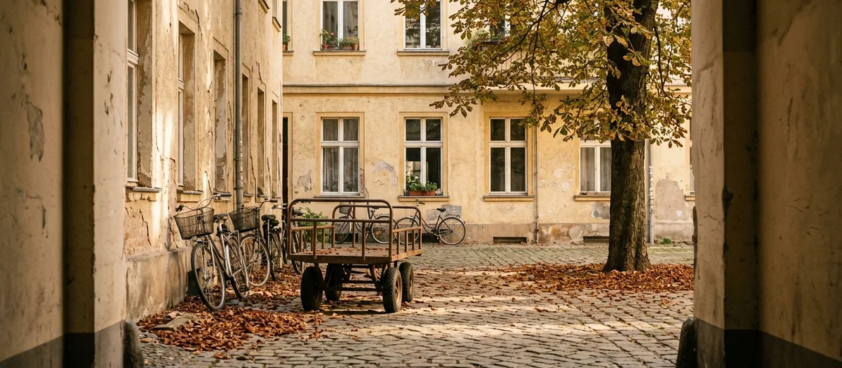 Blick durch die Toreinfahrt in den herbstlichen Hinterhof mit Plattenwagen und Fahrrädern