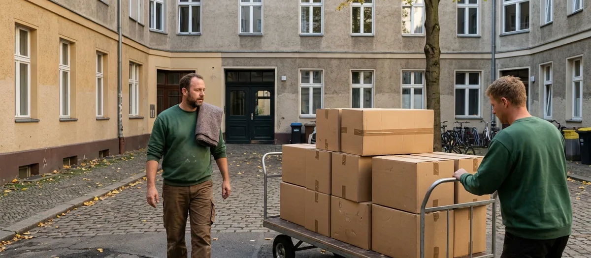 Zwei Träger bringen einen beladenen Plattenwagen über den Hof
