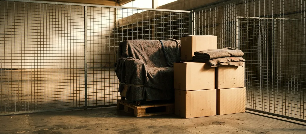 Lagerbox mit Gitterwänden, abgedeckter Sessel auf der Palette und Kartons