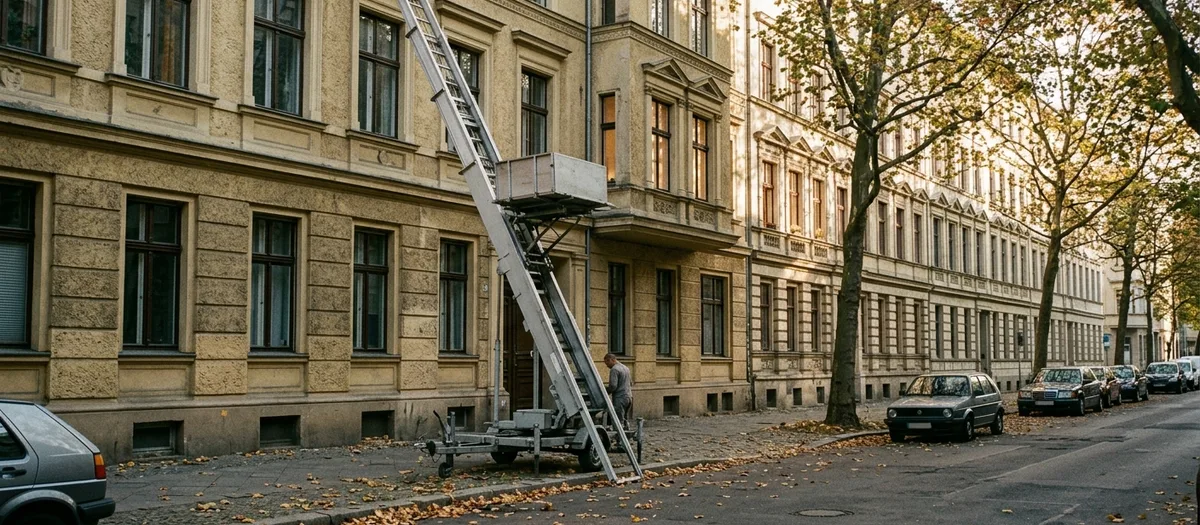Möbellift an der Altbaufassade, die Bühne steht vor einem Fenster im oberen Geschoss