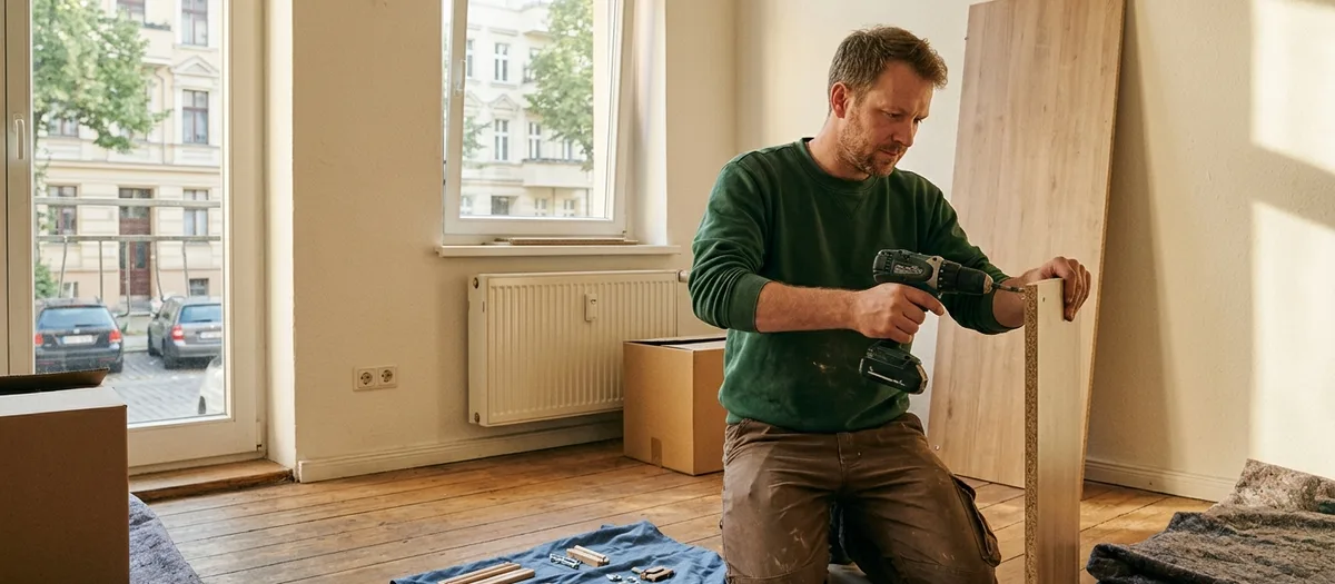Ein Träger schraubt eine Schrankseite fest, das Werkzeug liegt auf der Decke