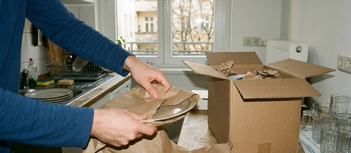 Geschirr wird in der Küche einzeln in Papier gewickelt und verpackt