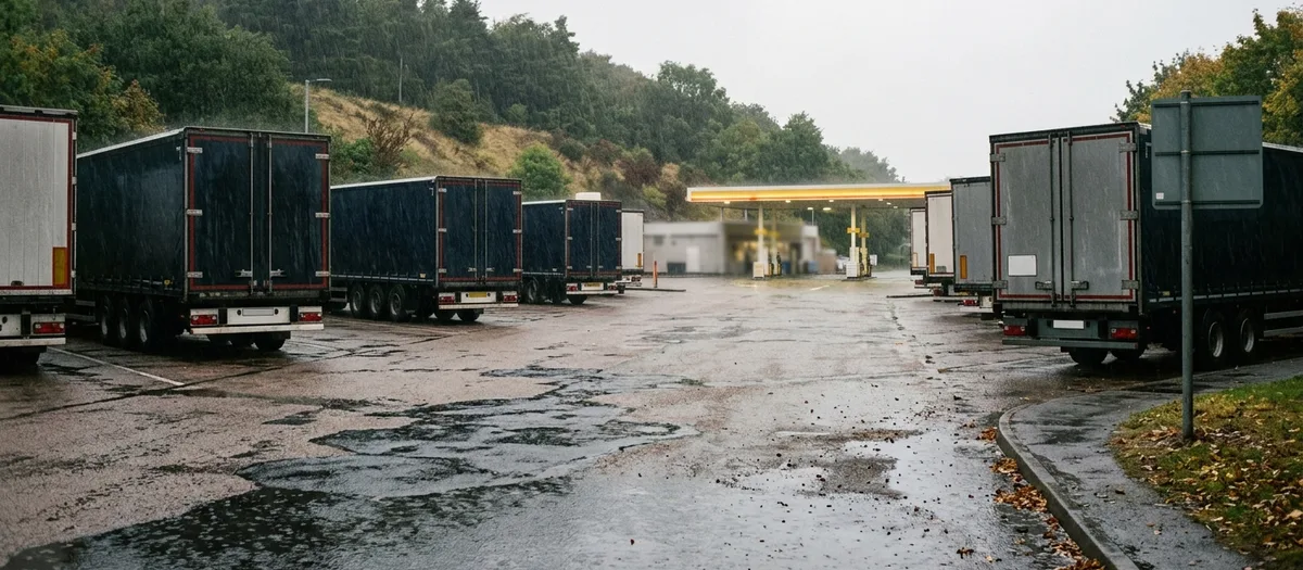 Rastplatz im Regen mit abgestellten Aufliegern, dahinter ein bewaldeter Hang