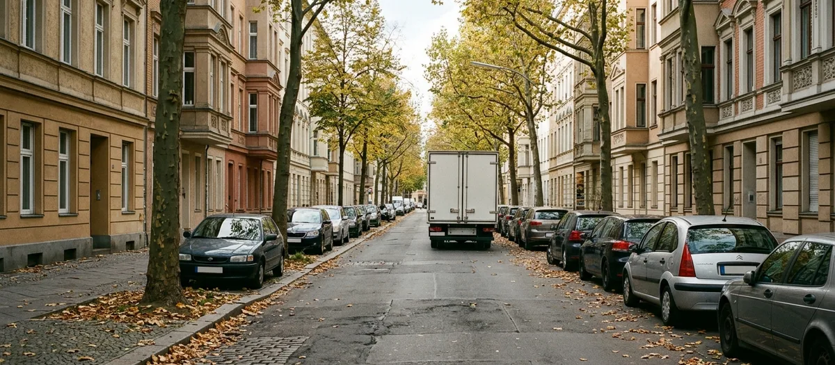 Herbstliche Wohnstraße mit Lastwagen in zweiter Reihe, Laub auf der Fahrbahn