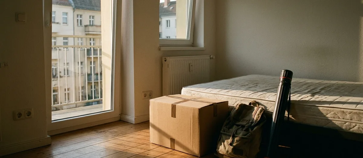 Zimmer mit Matratze, Rucksack und einem Karton im Nachmittagslicht
