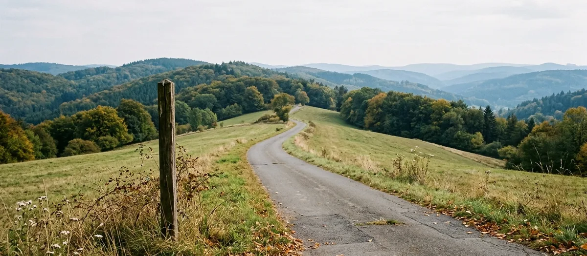 Straße über den Höhenzug, bewaldete Kämme verlieren sich im Dunst