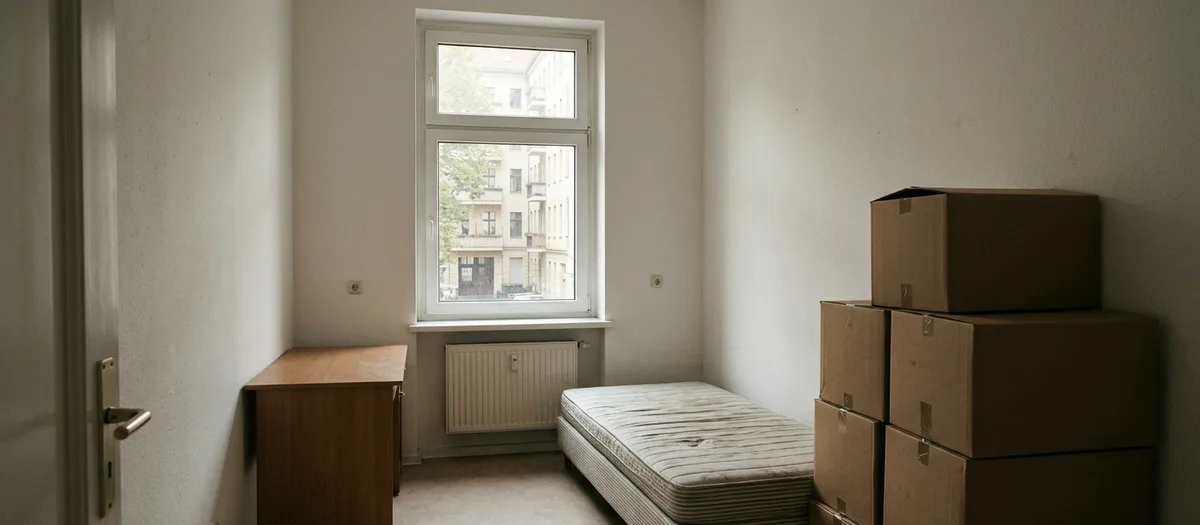 Leeres Zimmer mit Matratze, Kommode und gestapelten Kartons