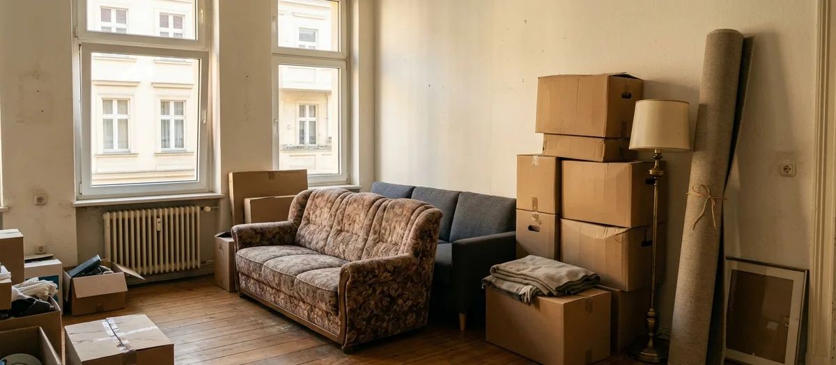 Wohnzimmer mit zwei Sofas, Kartonstapel, Stehlampe und gerolltem Teppich