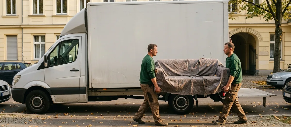 Zwei Männer tragen ein eingewickeltes Sofa zum Lastwagen, Herbstlaub liegt auf dem Gehweg